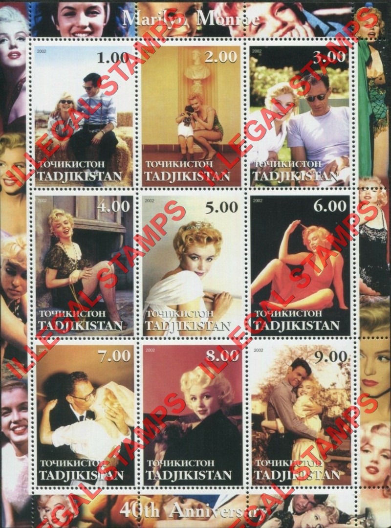 Tajikistan 2002 Marilyn Monroe Illegal Stamp Souvenir Sheet of 9