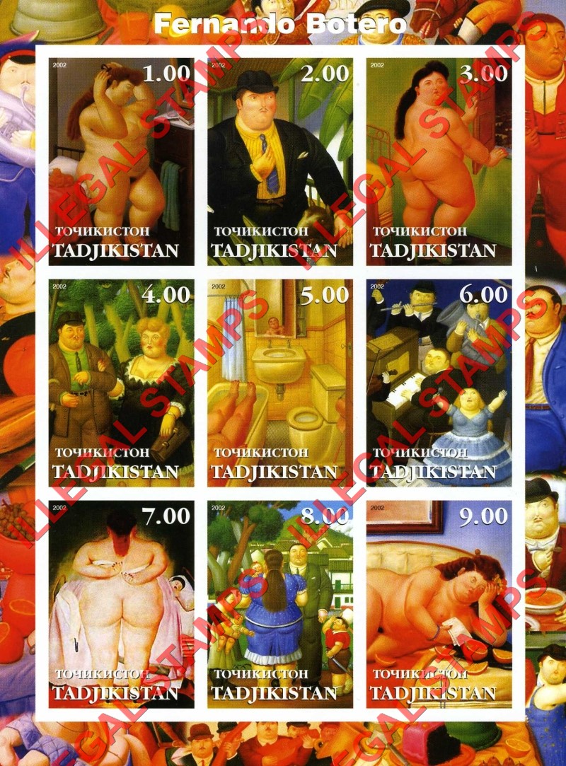 Tajikistan 2002 Paintings by Fernando Botero Illegal Stamp Souvenir Sheet of 9