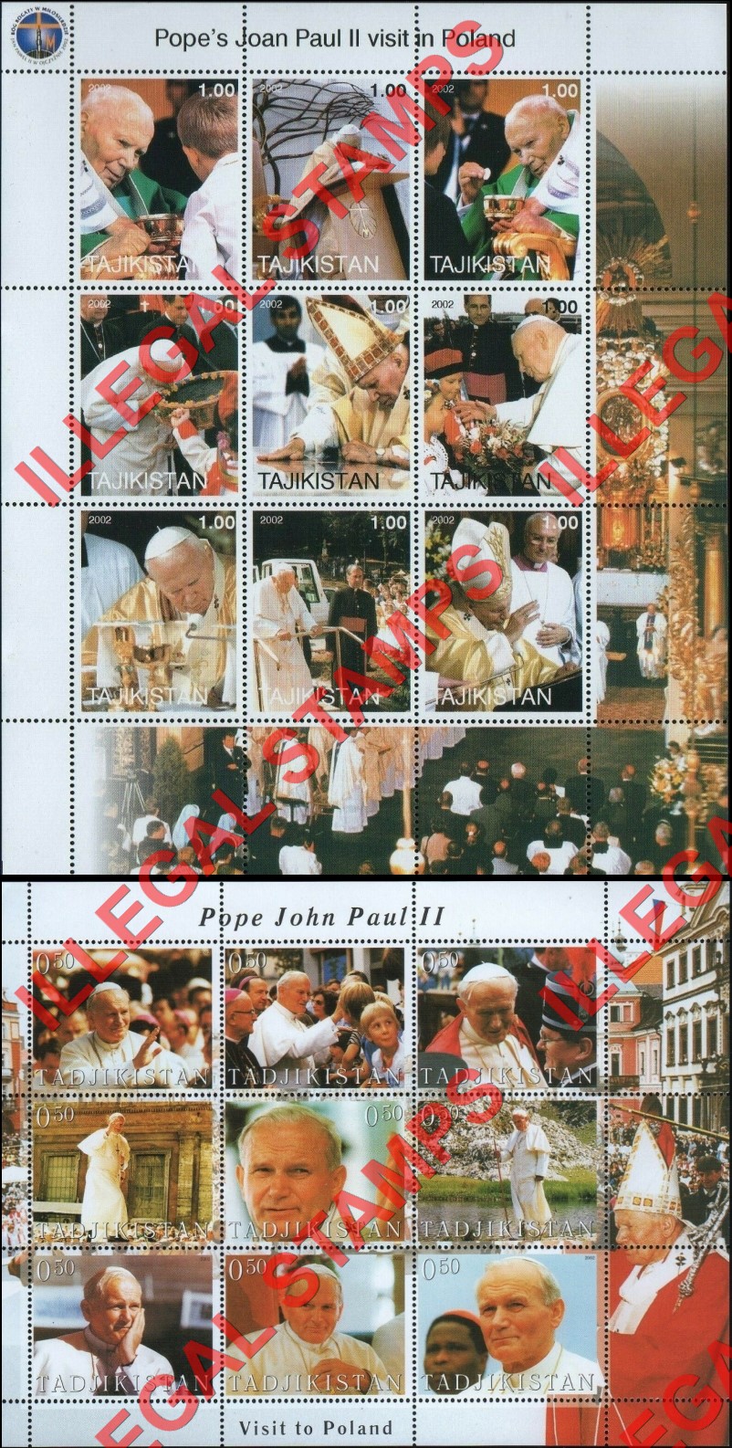 Tajikistan 2002 Pope John Paul II Visit to Poland Illegal Stamp Souvenir Sheets of 9