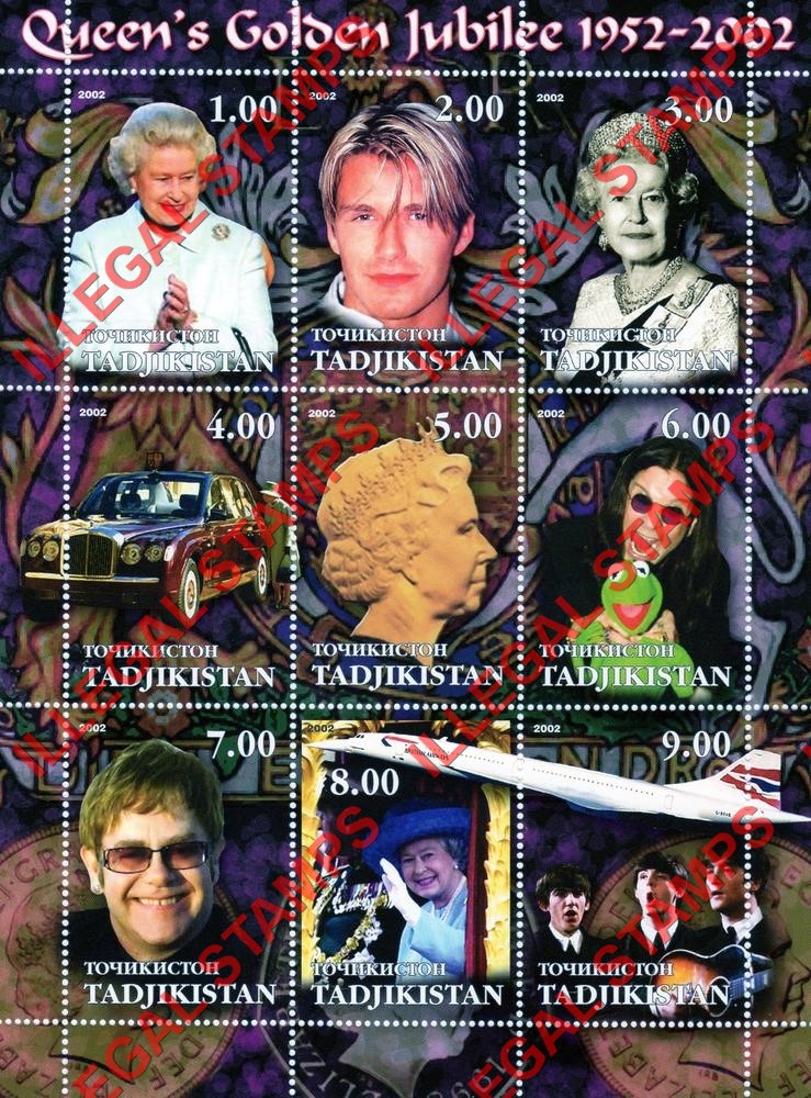 Tajikistan 2002 Queens Golden Jubilee Illegal Stamp Souvenir Sheet of 9