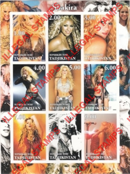 Tajikistan 2002 Shakira Illegal Stamp Souvenir Sheet of 9