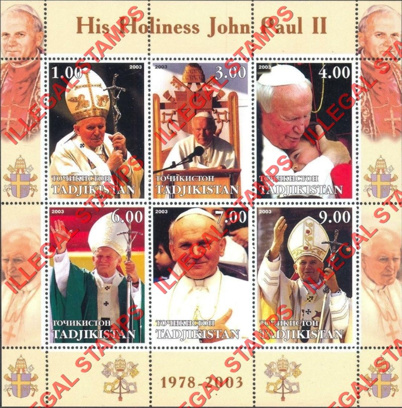Tajikistan 2003 Pope John Paul II Illegal Stamp Souvenir Sheet of 6