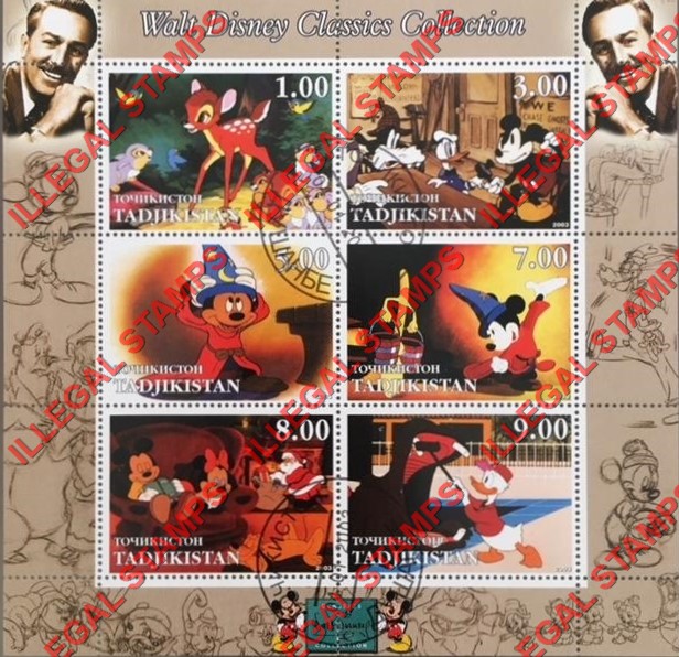 Tajikistan 2003 Walt Disney Classics Collection Illegal Stamp Souvenir Sheet of 6