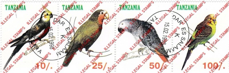 Tanzania 1998 Birds Parrots Illegal Stamp Strip of 4