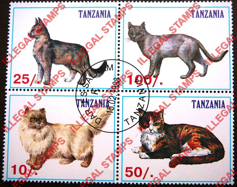 Tanzania 1998 Cats Illegal Stamp Block of 4