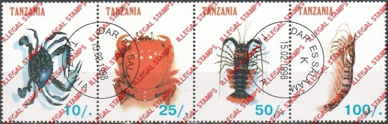 Tanzania 1998 Crustaceans Crabs Lobsters Illegal Stamp Strip of 4