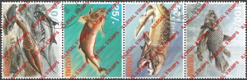 Tanzania 1998 Fish Prehistoric Illegal Stamp Strip of 4
