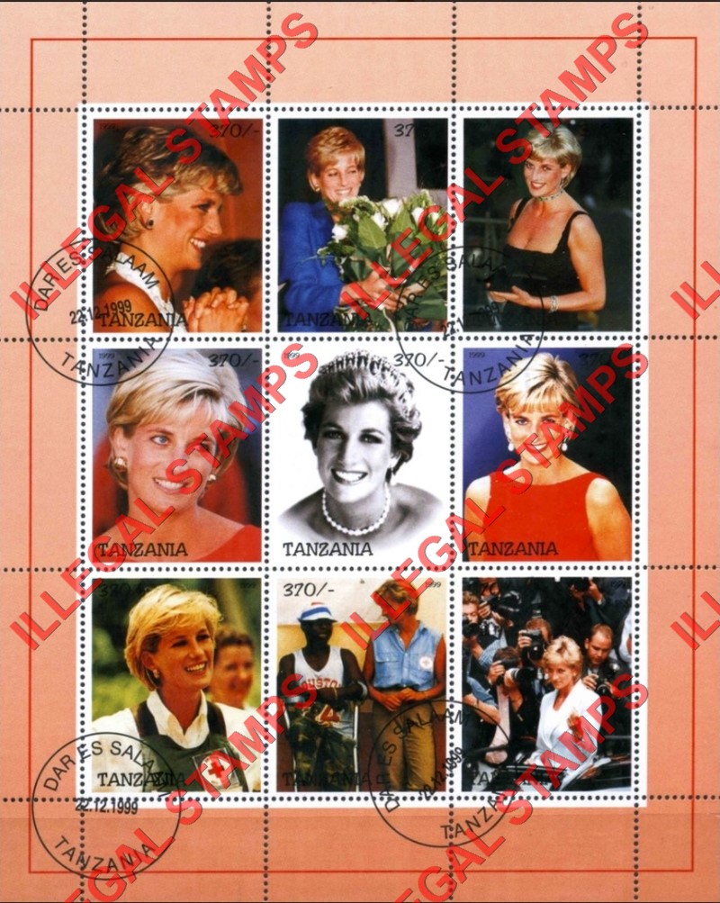 Tanzania 1999 Princess Diana Illegal Stamp Souvenir Sheet of 9