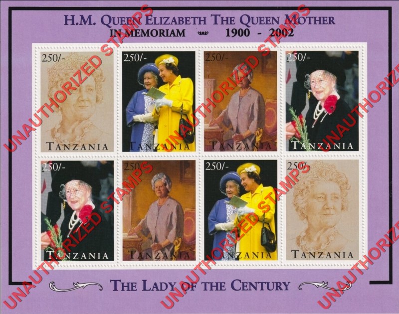 Tanzania 2002 Unauthorized In Memoriam 1900-2002 Overprint on 1995 Queen Mother 95th Birthday Souvenir Sheet of 8