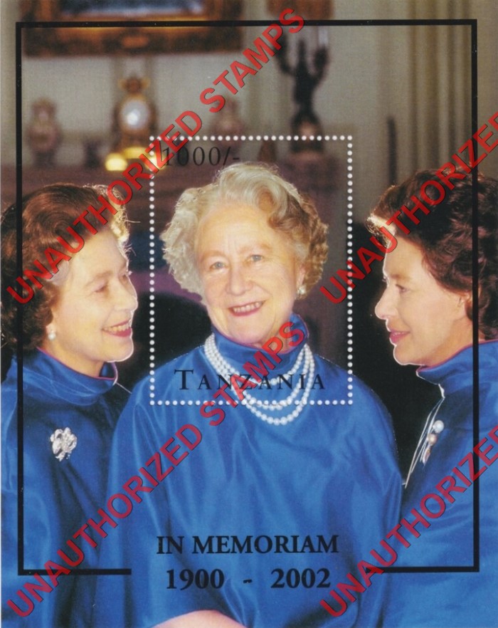Tanzania 2002 Unauthorized In Memoriam 1900-2002 Overprint on 1995 Queen Mother 95th Birthday Souvenir Sheet of 1