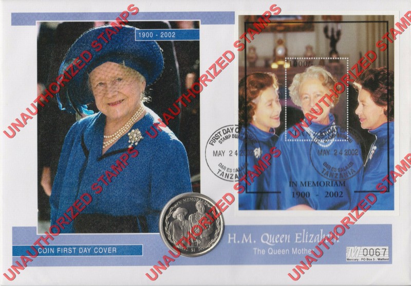 Tanzania 2002 Unauthorized In Memoriam 1900-2002 Overprint on 1995 Queen Mother 95th Birthday Souvenir Sheet of 1 on Fake First Day Cover