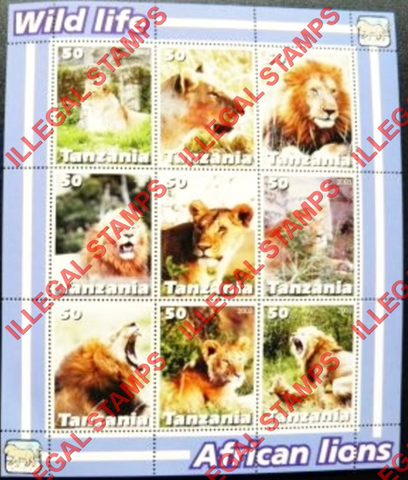 Tanzania 2003 African Lions Illegal Stamp Souvenir Sheet of 9