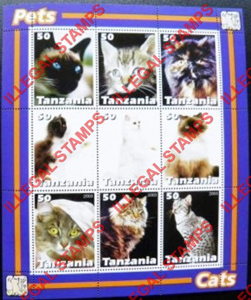 Tanzania 2003 Cats Illegal Stamp Souvenir Sheet of 9