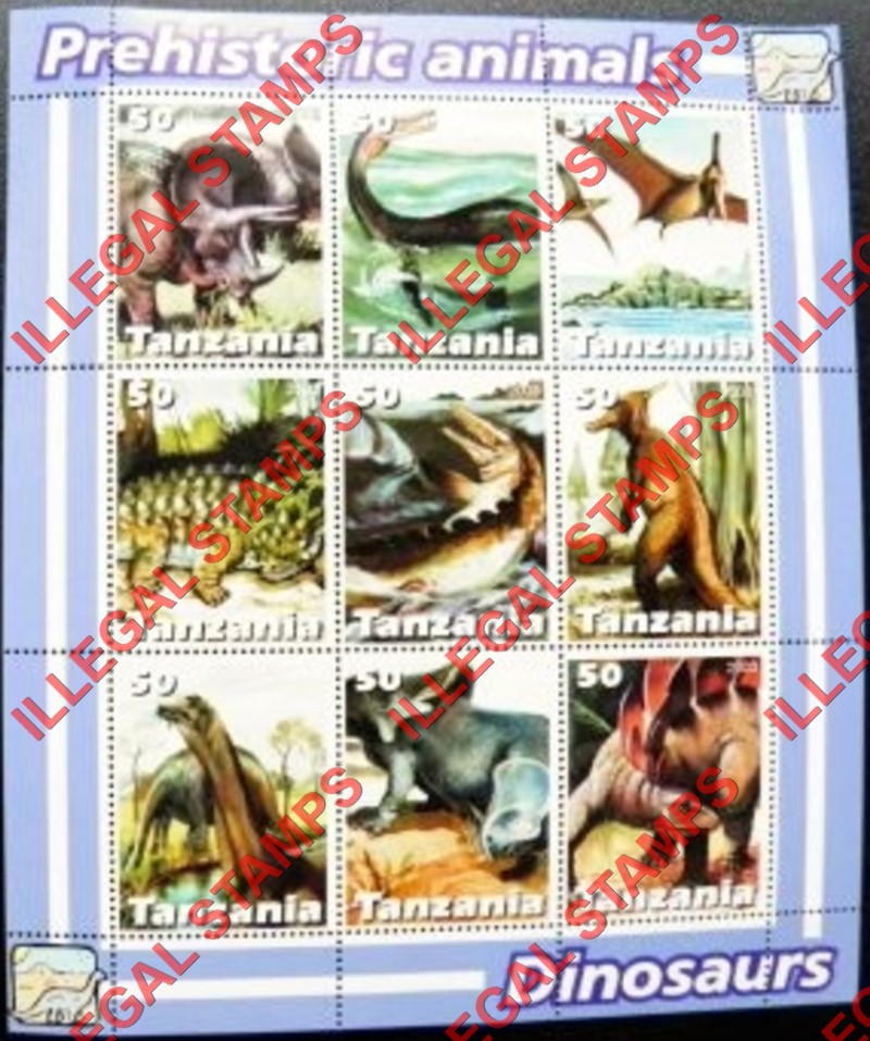 Tanzania 2003 Dinosaurs Illegal Stamp Souvenir Sheet of 9