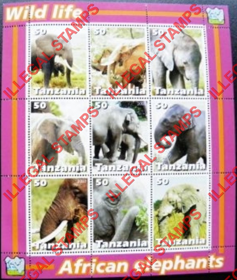 Tanzania 2003 Elephants Illegal Stamp Souvenir Sheet of 9