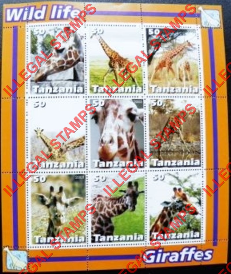 Tanzania 2003 Giraffes Illegal Stamp Souvenir Sheet of 9