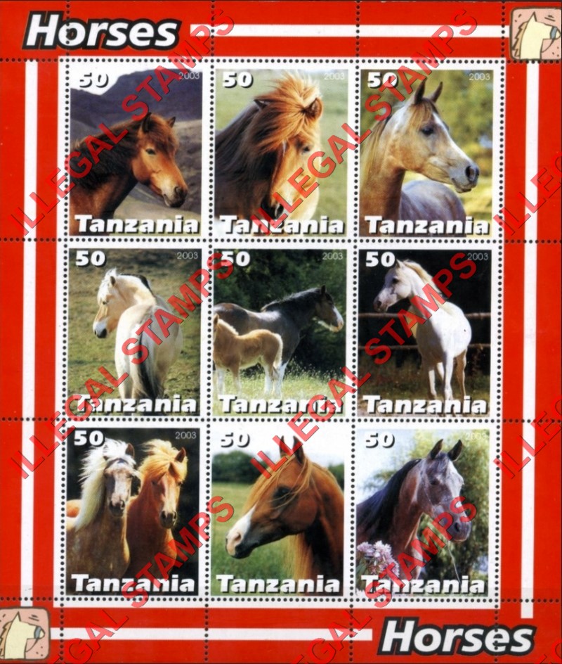 Tanzania 2003 Horses Illegal Stamp Souvenir Sheet of 9