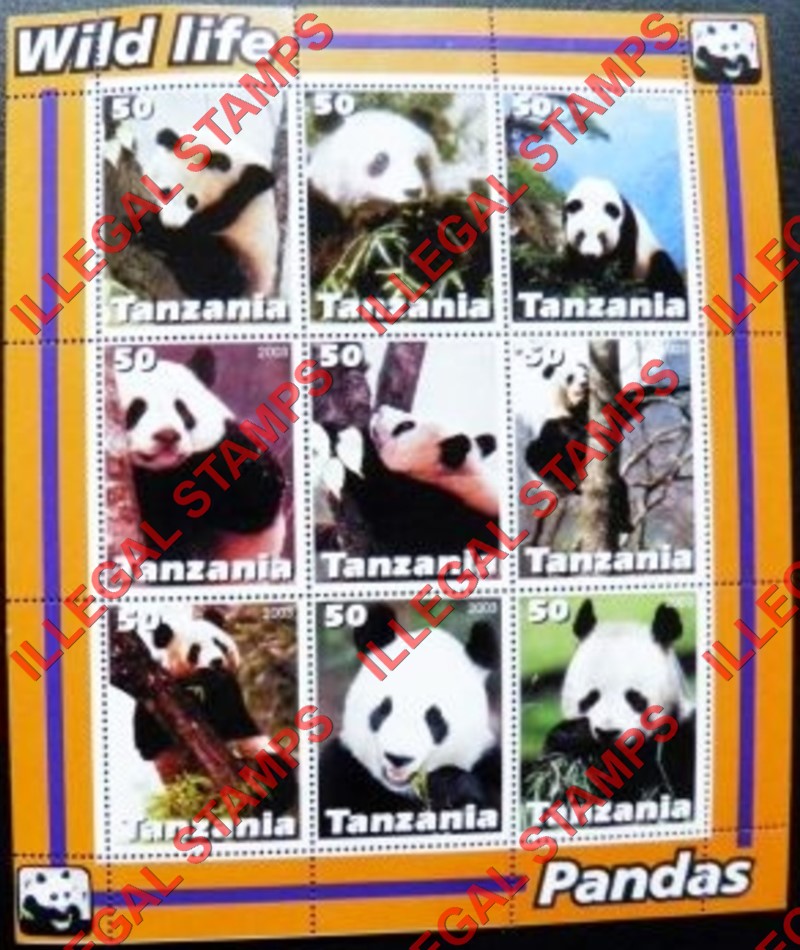 Tanzania 2003 Pandas Illegal Stamp Souvenir Sheet of 9