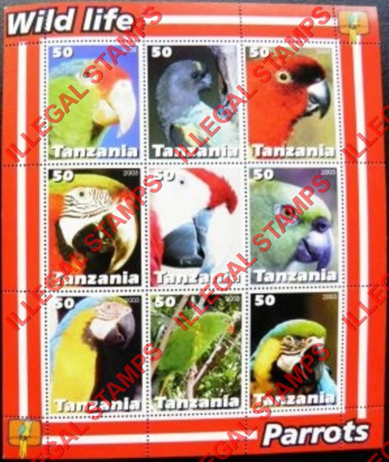 Tanzania 2003 Parrots Illegal Stamp Souvenir Sheet of 9