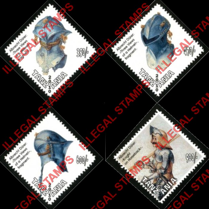 Tanzania 2010 Albrecht Durer Three Views of a Helmet Fragment Illegal Stamp Set of 4