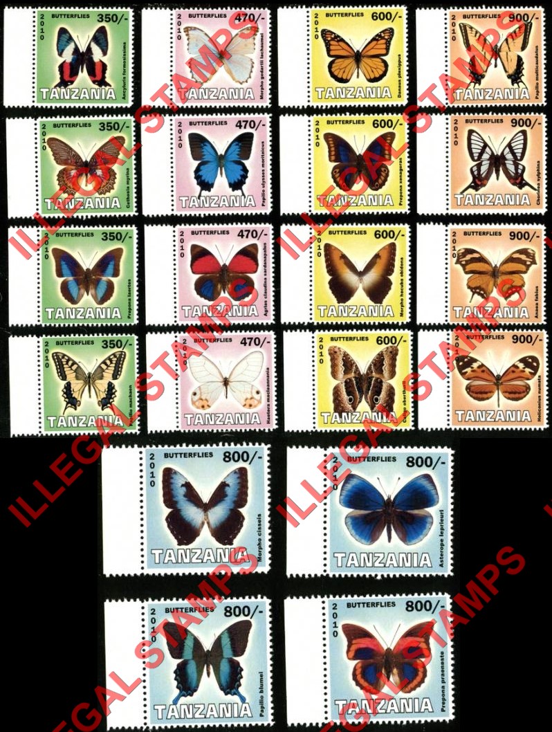 Tanzania 2010 Butterflies Illegal Stamp Set of 20