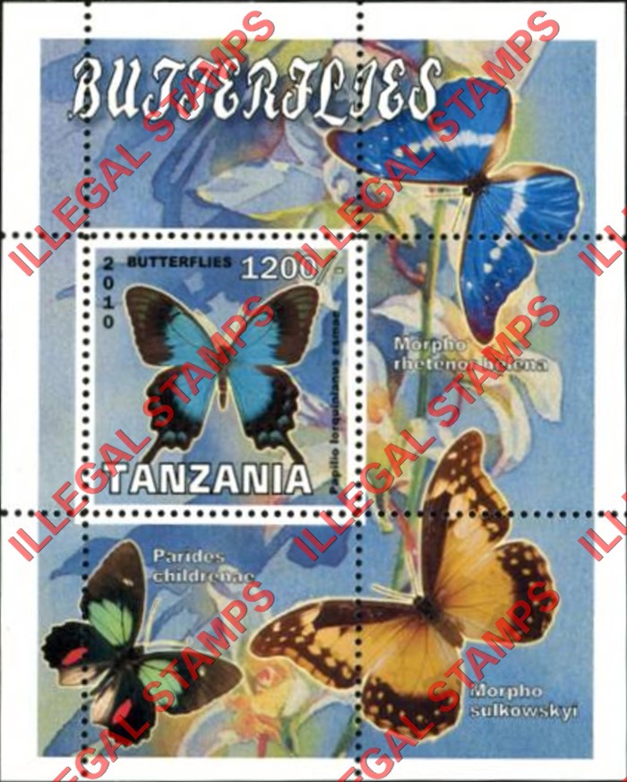 Tanzania 2010 Butterflies Illegal Stamp Souvenir Sheet of 1