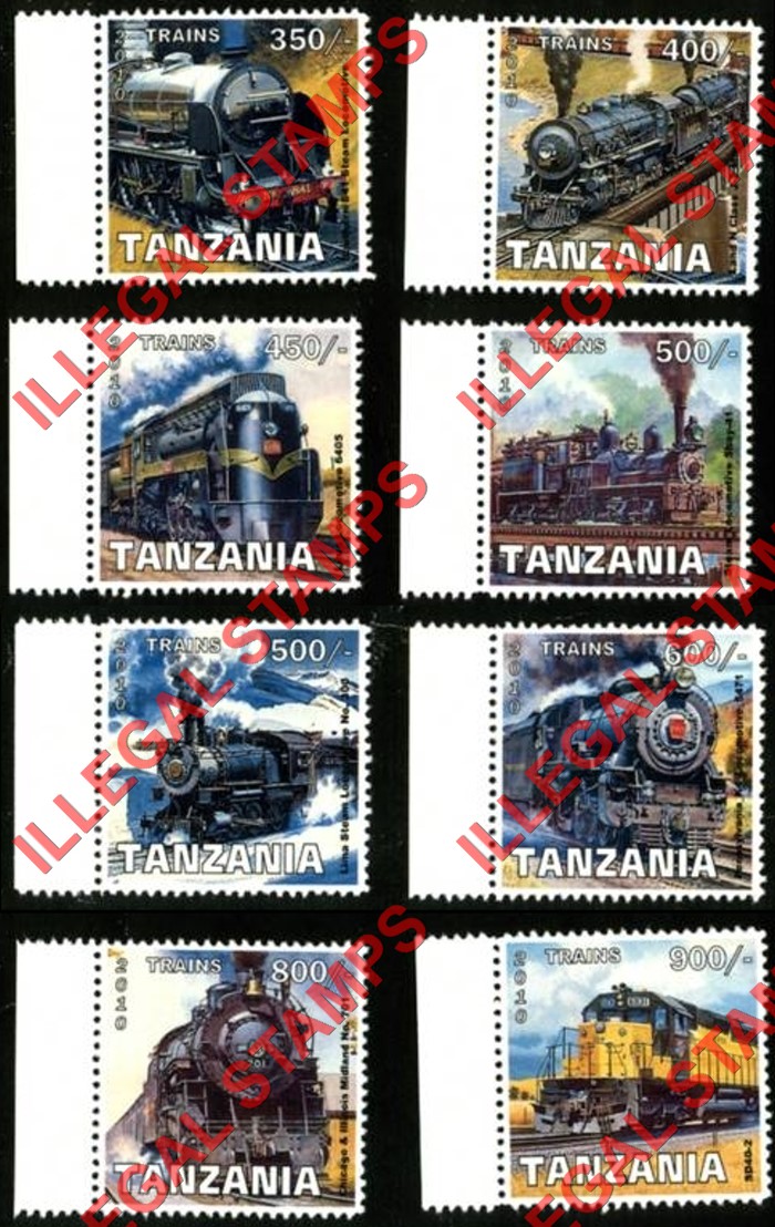 Tanzania 2010 Trains Illegal Stamp Set of 8