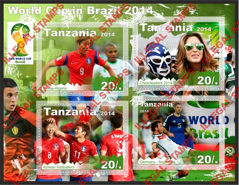 Tanzania 2014 FIFA World Cup Soccer in Brazil Illegal Stamp Souvenir Sheet of 4