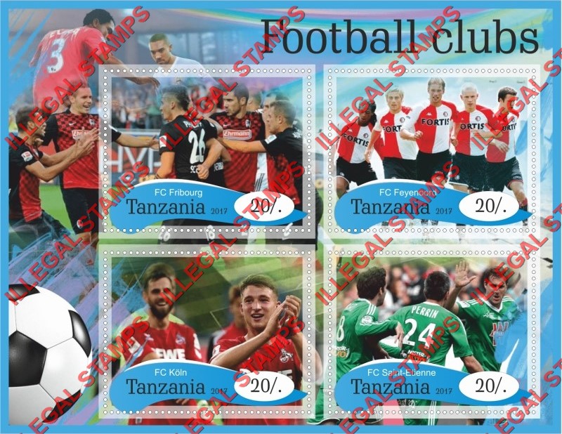 Tanzania 2017 Football Clubs Illegal Stamp Souvenir Sheet of 4