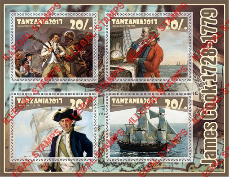 Tanzania 2017 James Cook Illegal Stamp Souvenir Sheet of 4