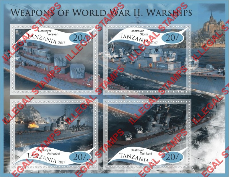 Tanzania 2017 Weapons of World War II Warships Illegal Stamp Souvenir Sheet of 4