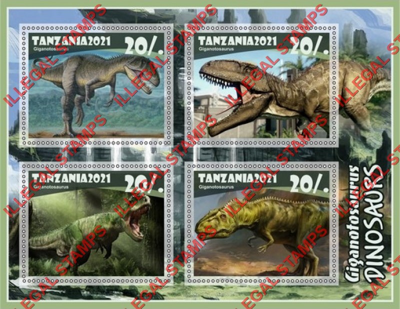 Tanzania 2021 Dinosaurs Illegal Stamp Souvenir Sheet of 4
