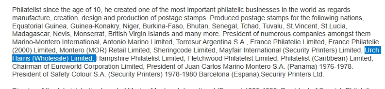 Juan Carlos Marino Montero Biography Excerpt Showing he was president of Mayfair and of Urch harris