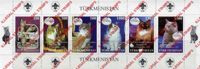 Turkmenistan 1997 Cats with China Bankok Stamp Exhibition Imprints Illegal Stamp Souvenir Sheet of 6