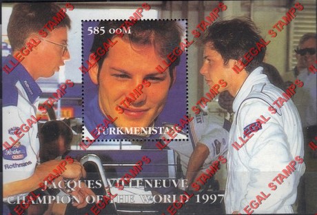 Turkmenistan 1997 Formula I Champions Jacques Villeneuve Illegal Stamp Souvenir Sheet of 1