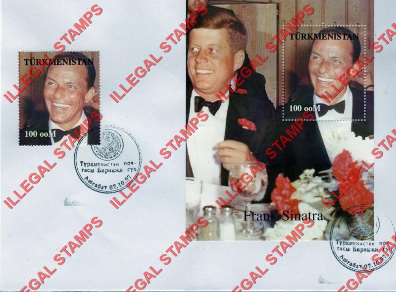 Turkmenistan 1997 Frank Sinatra and John F. Kennedy Illegal Stamp Souvenir Sheet of 1 on Fake First Day Cover