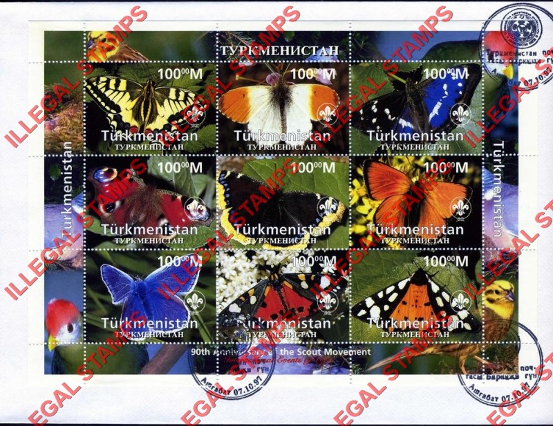 Turkmenistan 1997 International Events Butterflies with Scout logo for 90th Anniversary of the Scout Movement Illegal Stamp Souvenir Sheet of 9 on Fake First Day Cover