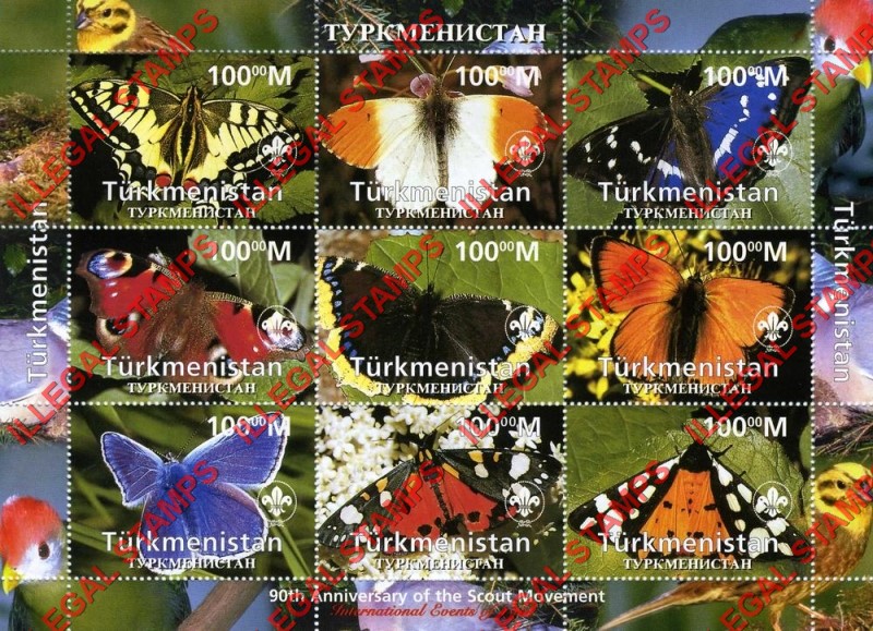Turkmenistan 1997 International Events Butterflies with Scout logo for 90th Anniversary of the Scout Movement Illegal Stamp Souvenir Sheet of 9