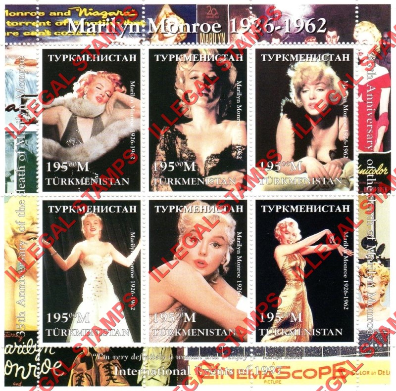 Turkmenistan 1997 International Events Marilyn Monroe Illegal Stamp Souvenir Sheet of 6