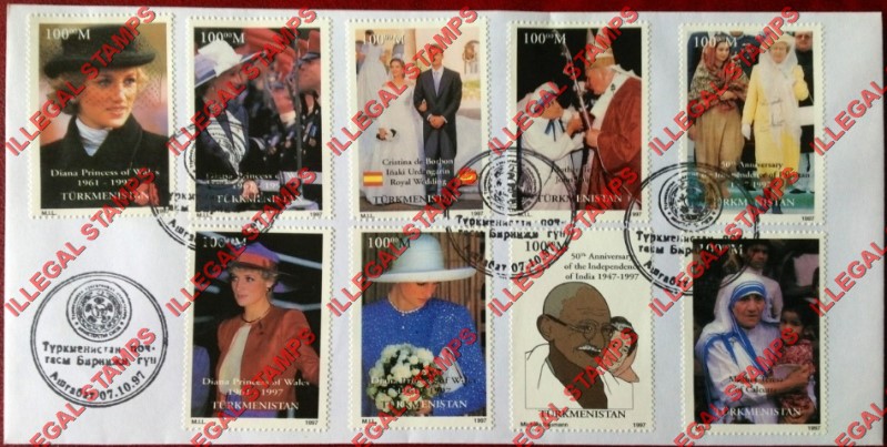 Turkmenistan 1997 International Events Princess Diana Illegal Single Stamp Set on Fake First Day Cover