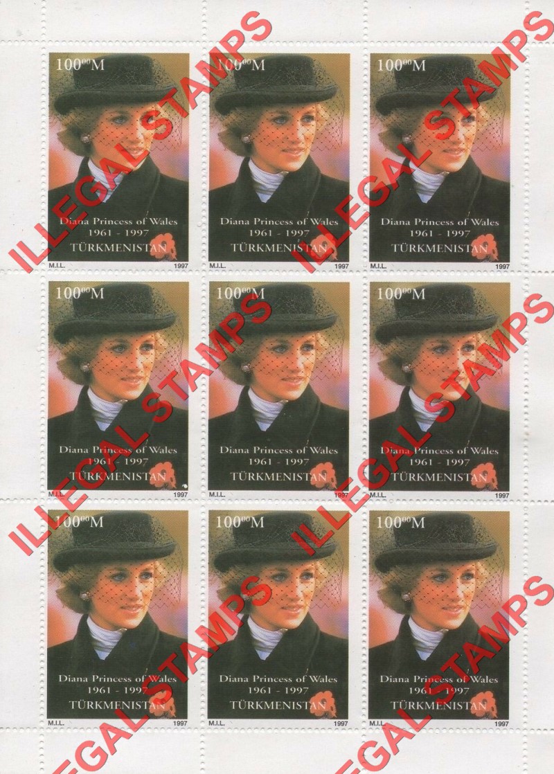 Turkmenistan 1997 International Events Princess Diana Illegal Single Stamp Sheet of 9