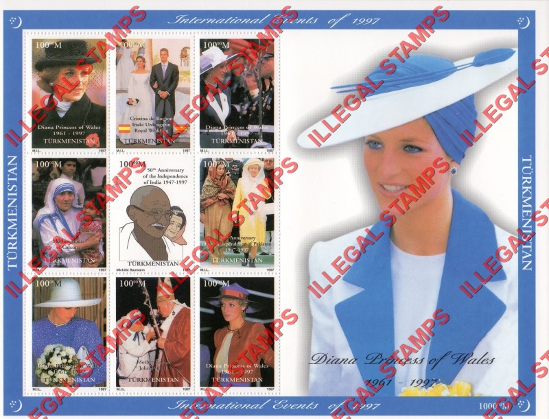 Turkmenistan 1997 International Events Princess Diana Illegal Stamp Souvenir Sheet of 9