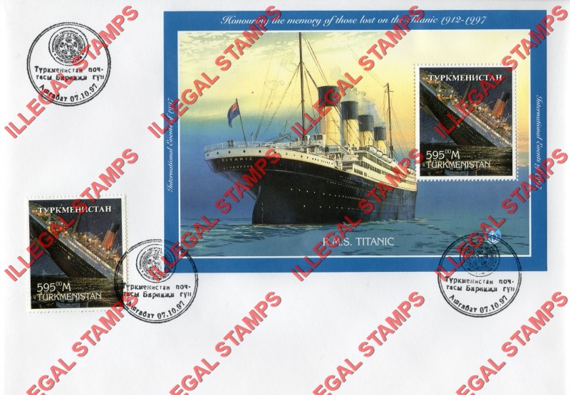 Turkmenistan 1997 International Events Titanic Illegal Stamp Souvenir Sheet of 1 on Fake First Day Cover