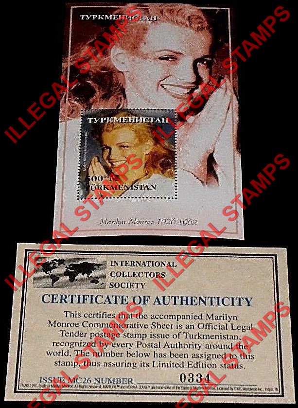 Turkmenistan 1997 Marilyn Monroe Illegal Stamp Souvenir Sheet of 1 with Bogus Certificate of Authenticity