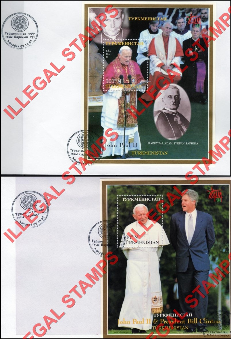 Turkmenistan 1997 Pope John Paul II Illegal Stamp Souvenir Sheets of 1 on Fake First Day Covers