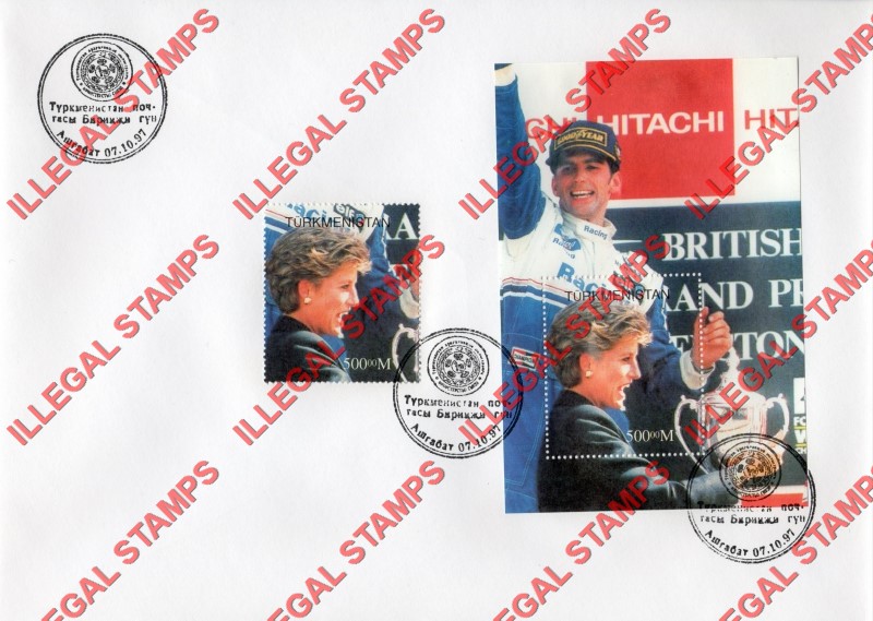 Turkmenistan 1997 Princess Diana and Demon Hill Formula I Driver Illegal Stamp Souvenir Sheet of 1 on Fake First Day Cover