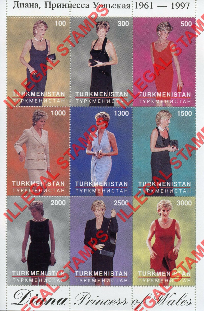 Turkmenistan 1997 Princess Diana in Designer Dresses Illegal Stamp Souvenir Sheet of 9
