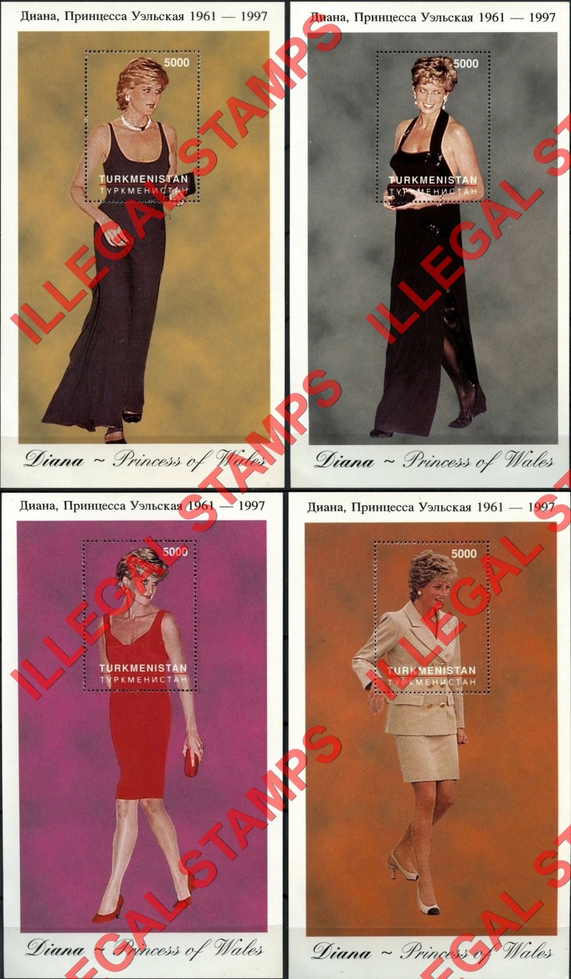 Turkmenistan 1997 Princess Diana in Designer Dresses Illegal Stamp Souvenir Sheets of 1 (Part 1)