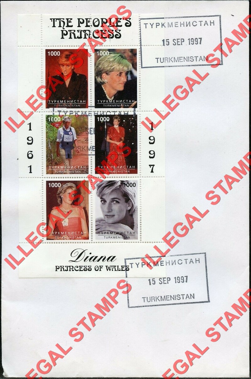 Turkmenistan 1997 Princess Diana the People's Princess Illegal Stamp Souvenir Sheet of 6 on Fake First Day Cover