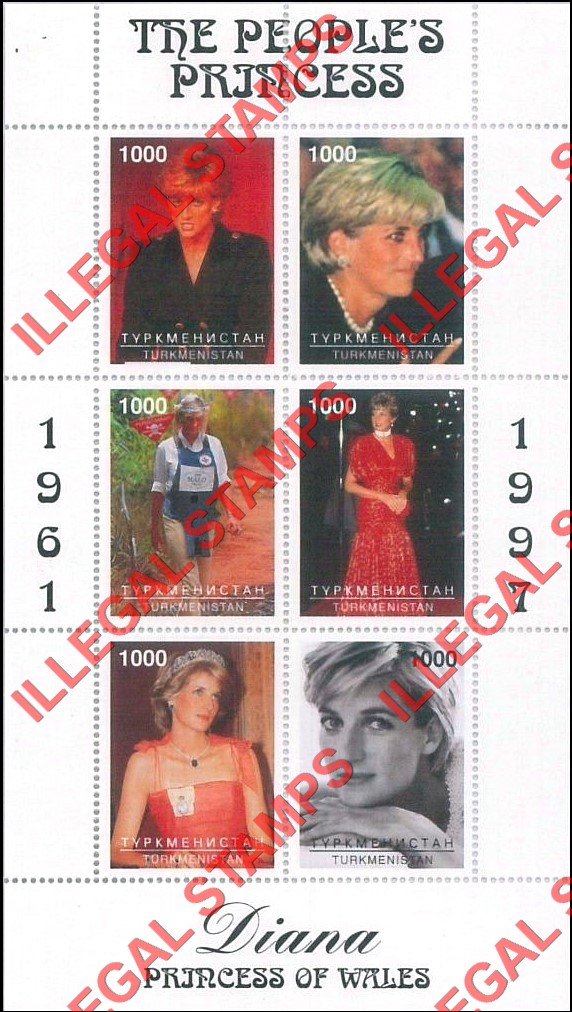 Turkmenistan 1997 Princess Diana the People's Princess Illegal Stamp Souvenir Sheet of 6